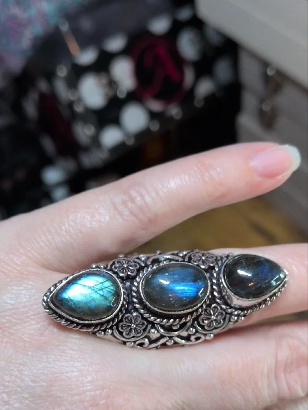 Sterling Silver Labradorite Triple Stone Statement Ring - Blue